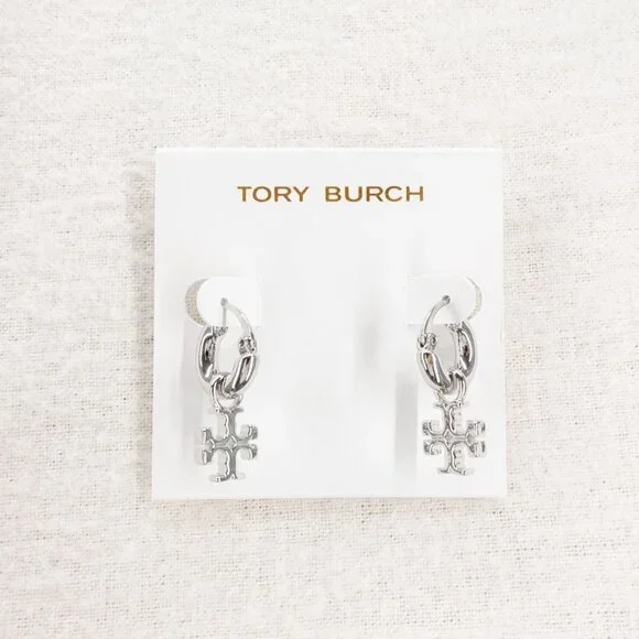 Tory Burch Kira Logo Drop Huggie Hoop Earrings Silver OS - Picture 4 of 7